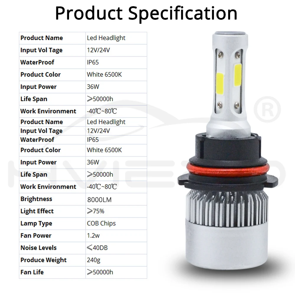 Hviero Car Heahlight Fog Lighting 9007 HB5 Hi-Lo High Low Beam S2 COB IP67 Waterproof 6500K 72W 8000LM Auto Headlamp Led DC 12v 24V
