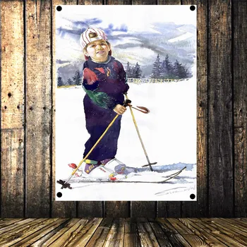 

Nostalgic Skiing child PosterWinter playground Flag Banner Tapestry Oil Painting Bar Cafe Wall Decor Gift A3