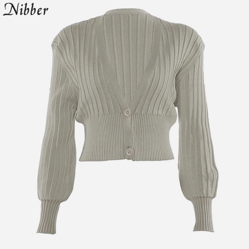 Nibber осень Харадзюку базовые вязаные свитера женские топы Модные элегантные офисные женские v-образный вырез длинный рукав тонкий кардиган mujer - Цвет: Серый