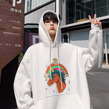 

2019 winter new Korean version of Japanese wild loose trend dreamy unicorn print hooded fleece thickening casual pullover