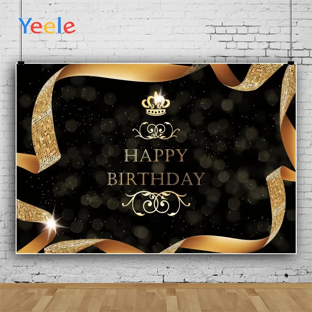 

Yeele Luxury Happy Birthday Golden Ribbon Light Spot Backdrop Photophone Photography Photo Studio for Decoration Customized Size