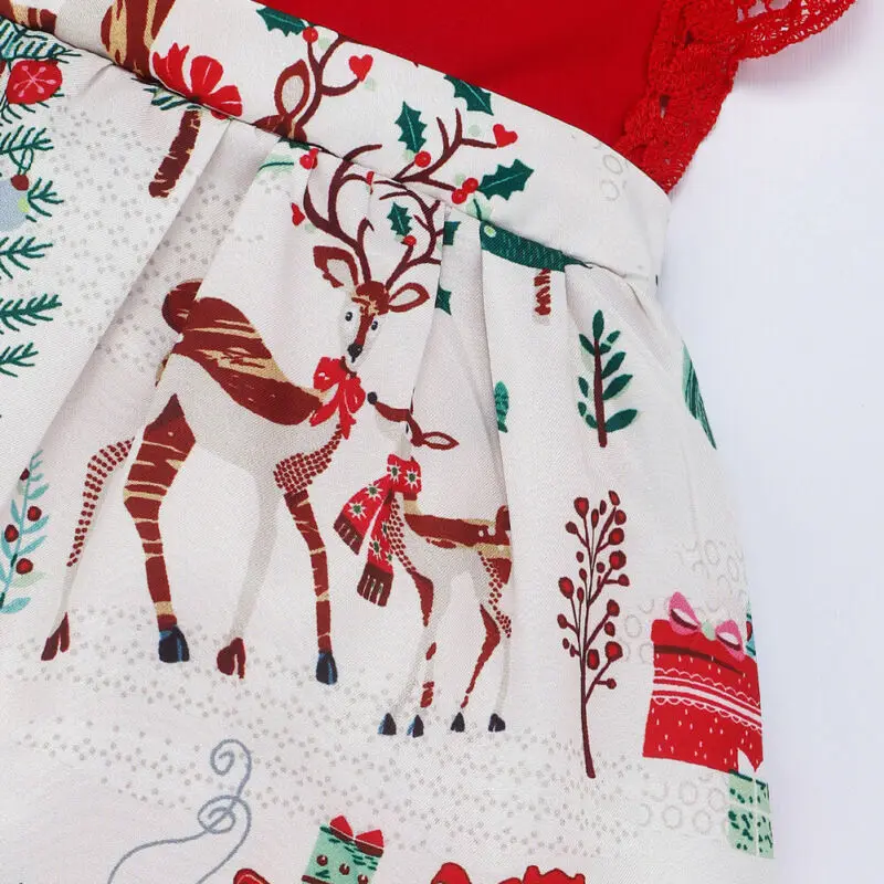 Рождественское платье-комбинезон для маленьких девочек Новогодняя одежда для маленьких девочек Кружевное платье-комбинезон с глубоким v-образным вырезом и цветочным принтом+ повязка на голову