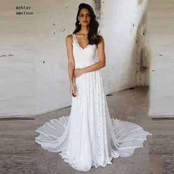 

Cheap Sleeveless Lace V-neck Floor-length Zipper A-line Cap Sleeve Simple Wedding Dress Plus Size Boho Vestidos De Novia 2020