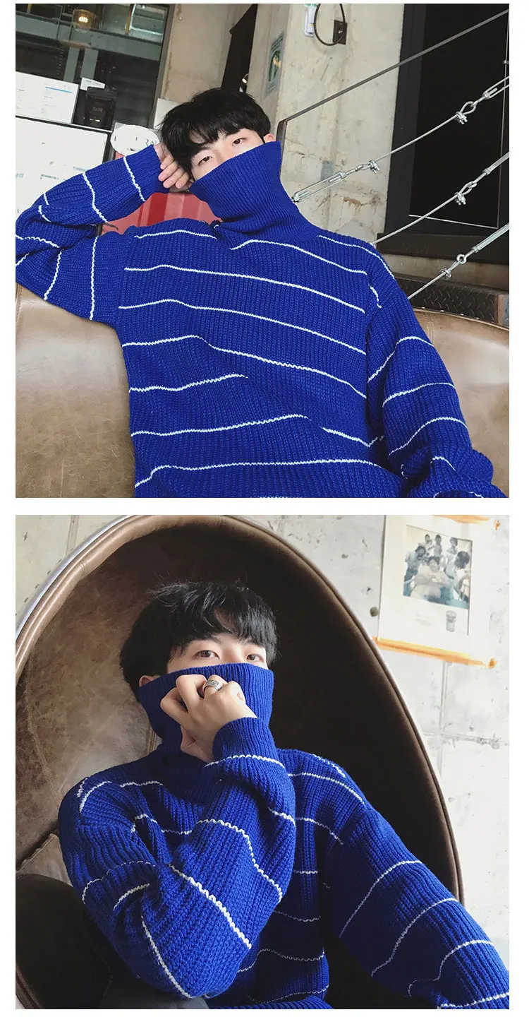 Новинка, Мужская водолазка, свитер в Корейском стиле, Uzzlang, одежда в полоску, модные мужские свитера