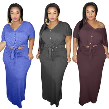 

Women Plus Size Two Piece Sets New Casual Knit Matching Sets V-neck Blouses Maxi Midi Skirts Suit Wholesale Dropshpping (Xl-5XL)