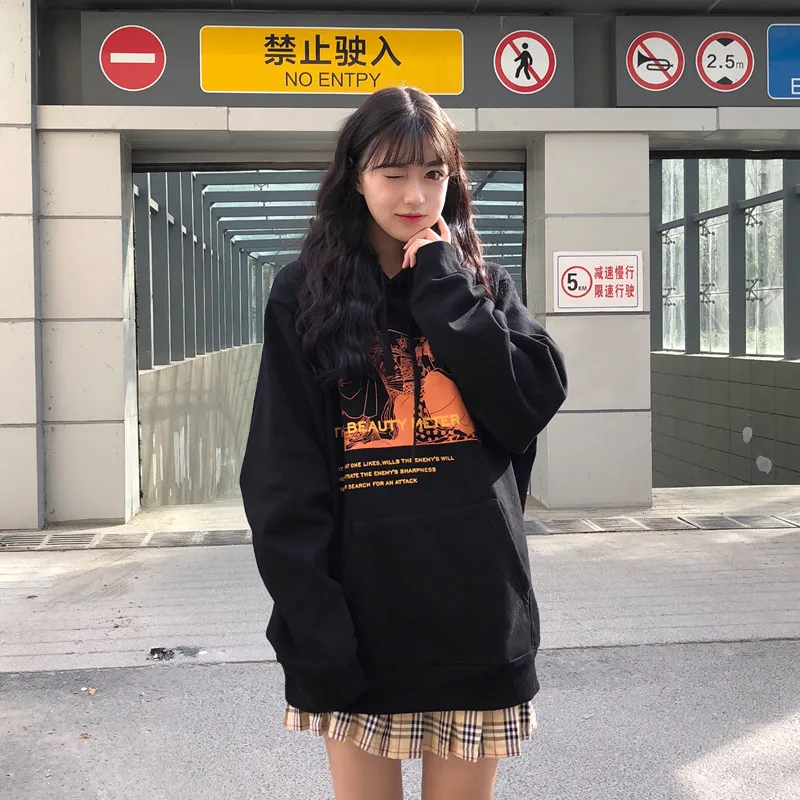 Осенняя толстовка с капюшоном, женская одежда в Корейском стиле Ulzzang Harajuku, свободные толстовки с принтом, Женская флисовая толстовка с капюшоном и длинным рукавом