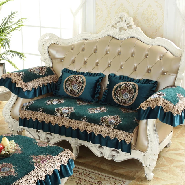 Retro Chenille Lace Sofa Cover 1 2 3 Seater Floral Leather Couch Slipcover  Protector Armrest Chair Cover Anti-slip European