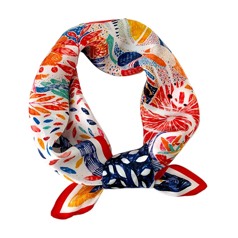 100% Pure Silk Scarf Women Neck Hair Band Foulard Square Small Headband 2024 Fashion Print Neckerchief Scarves Bandana 53*53cm 3