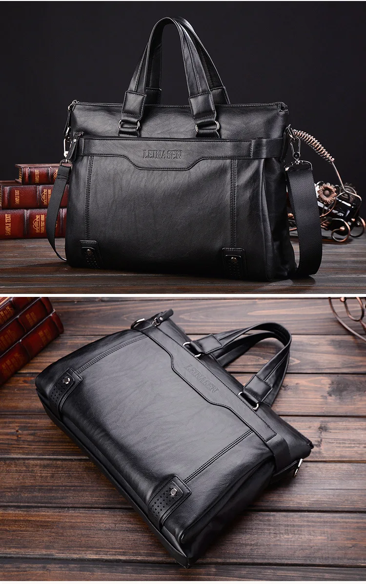 Men Leather Black Briefcase Business Handbag Messenger Bags Male Vintage Shoulder Bag Men's Large Laptop Travel Bags_voghion.com