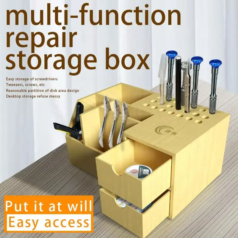 Multifunctional Tool Holder Wooden for Tweezers Screwdrivers Knives Rulers Compartment Storage Shelf Smartphone Remote Control