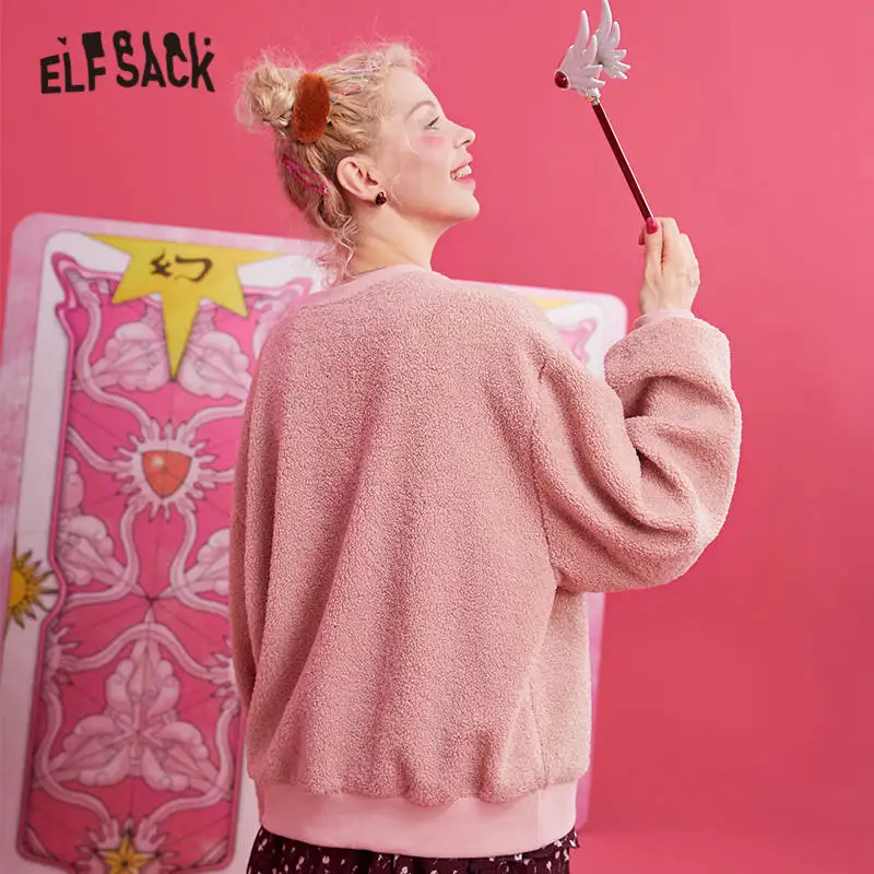 ELFSACK, розовый, однотонный, волшебный, для девушек, с вышивкой, вельветовый, женский свитер,, зимний фонарь «буквы», рукав, корейский, женский, базовый топ