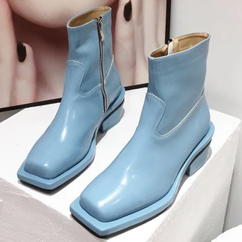 

2020 Winter Fashion Women Square Toe Ankle Boots Medium Heels White Chelsea Boots Zippers Blue Shoes Boots Lady Valentine Shoes