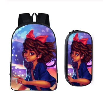 

2 pcs/set afro girls print Backpack + pencil bag for Teenage Girls Children School bags student Case kids bookbag