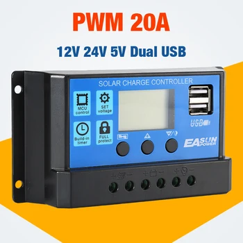 

Solar controller 20A 12V 24V Auto Solar Charge Controller PWM With LCD Dual USB 5V Output Solar Cell Panel Regulator PV Home