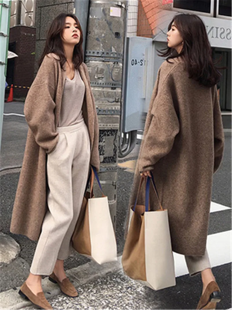 Winter Cardigan Coat Women Oversize Long Carigan Solid Color Korean Open Stitch Sweater Coat PZ2121