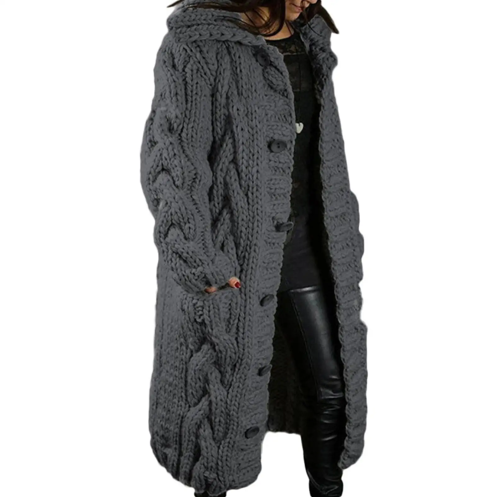 HOT ！！！ Women Winter Long Sleeve Twist Knitted Cardigan Pocket Buttons Warm Hooded Coat