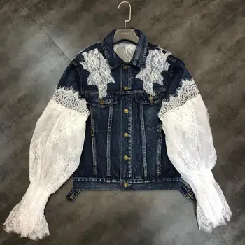 

Women Coat Denim Jackets Denim Coat Lace Coat Puff Sleeve Women Jeans Jacket Flower Jeans Top Women Overcoat Autumn