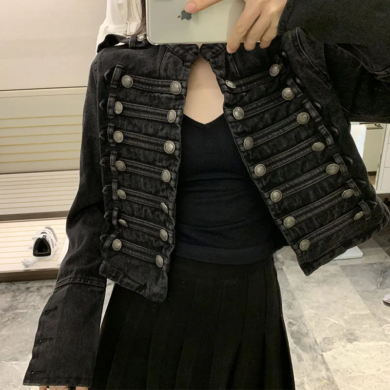 

Fashion Metal Buttons Jeans Jacket Women 2019 Spring Autumn Biker Long Sleeve Short Slim Denim Facket Femme