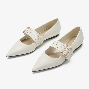 

Single shoes women new products pointed toe buckle flat Mary Jane shoes with rivets