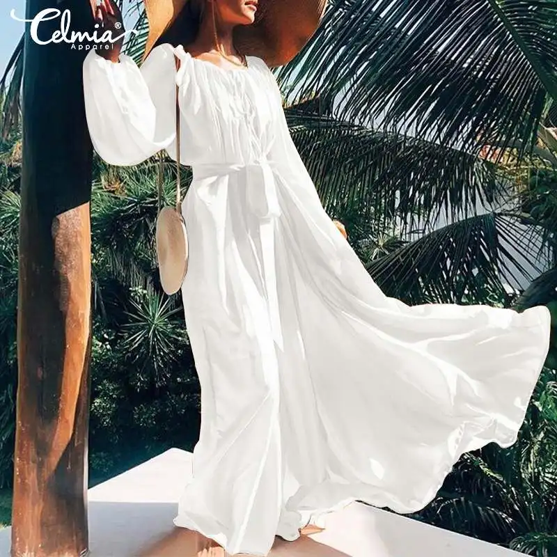 

Sexy Off Shoulder Maxi Long Dress Women's Sundress Celmia 2019 New Casual Loose Belt Swing Party Robe Ruffled Vestidos Plus Size