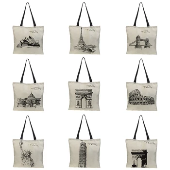 

Customization Double-side Famous buildings Painting bag Women Large Linen Shopping Bag Handbag Bag Women Shoulder Cloth Pouch