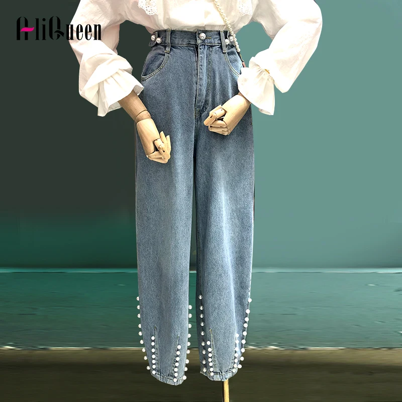 2020 Korean Women Vintage Pearls Beading Long Jeans Pant Autumn Summer Elastic Waist Wide Leg Denim Pants Trousers Womens Jeans 2020 Korean Women Vintage Pearls Beading Long Jeans Pant Autumn Summer Elastic Waist Wide Leg Denim Pants Trousers Womens Jeans
