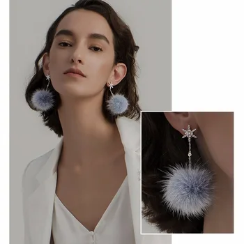 

Solid 925 Sterling Silver Snowflake Fur Ball Dangle Earring Cubic Zirconia Stones Simulated Mink Fur Chain Earrings for Women
