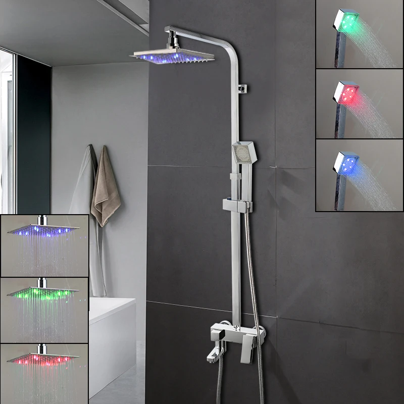 shower set KEMAIDI светодиодный душ кран Набор " квадратная ливневая набор для душа смеситель для ванной стены установленный кран W/ручной опрыскиватель 3-Функция - Цвет: shower set