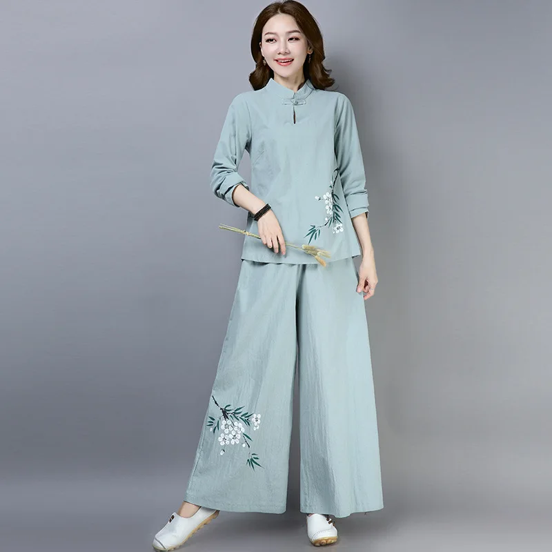 Весенняя женская одежда для медитации Тай Чи, льняные свободные штаны для йоги, брюки и футболка для боевых искусств, кунг-фу, повседневный комплект, спортивная одежда