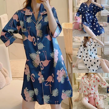 

Women's Summer Nightdress Cardigan Ice Silk Long Sleeves Sexy Print Thin Homewear Soft Nightgowns Ladies Sleepshirts
