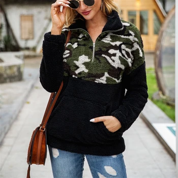 

3Color Fleece Sweater Fashion Camo Patchwork Fluffy Thick Sweaters Warm Zipper Pullovers Women Winter Clothes Coat Sherpa Tops