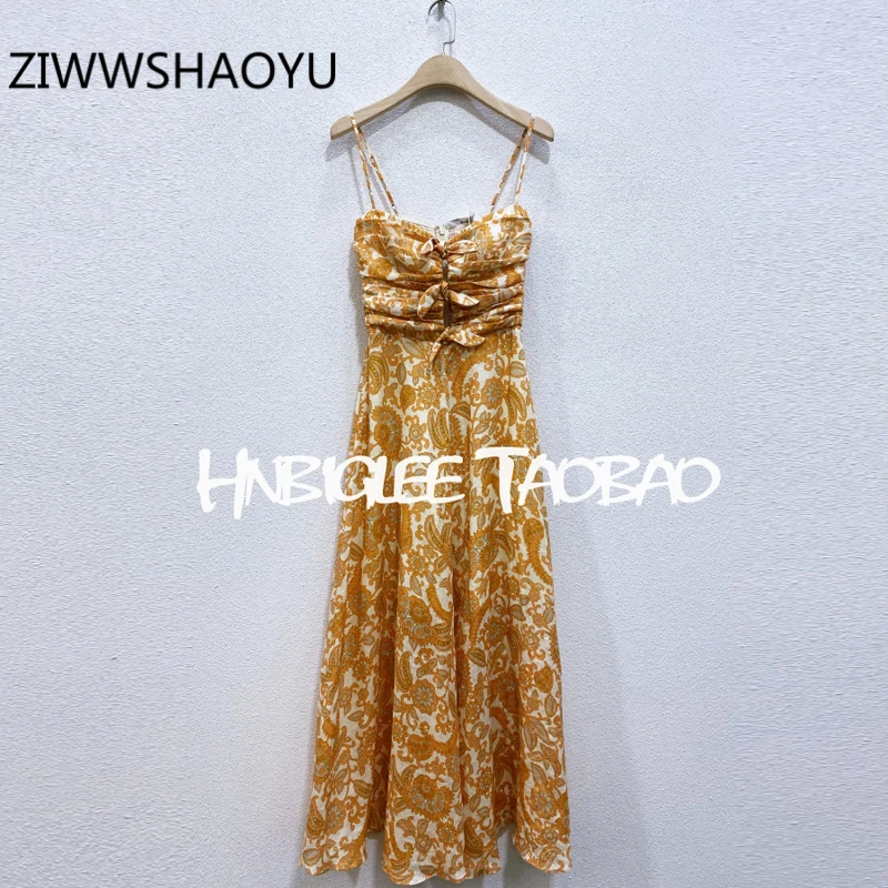 

ZIWWSHAOYU Women Summer Sexy Chest Bow Backless Spaghetti Strap Dress Ruched Elastic Waist Print Ladies Boho Beach Long Dresses