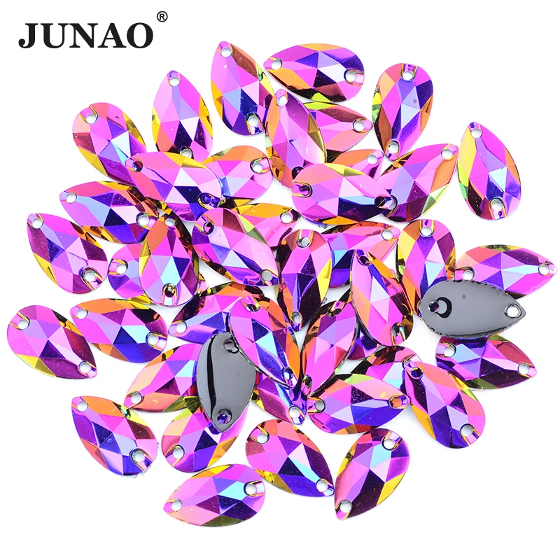 JUNAO 10mm Sewing Blue AB Crystal Rhinestones Flatback Acrylic Strass  Appliques Sew On Round Rivoli Beads for Dance Dress Jewel