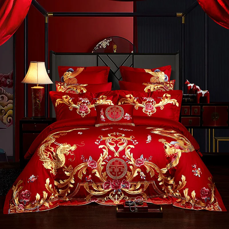 Роскошное красное свадебное постельное белье из египетского хлопка с цветочной вышивкой в виде золотых Феникса, пододеяльник, простыня-покрывало, наволочки