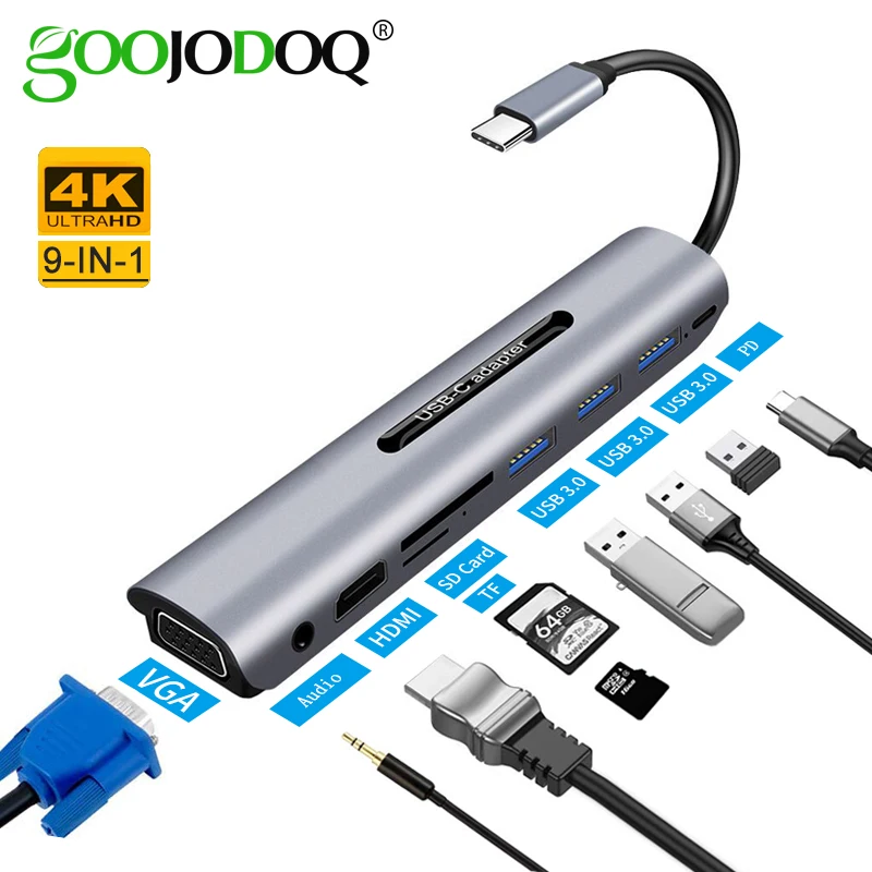 GOOJODOQ 9 Порты USB C концентратор к HDMI VGA RJ45 Gigabit Ethernet Мощность адаптер док станция для
