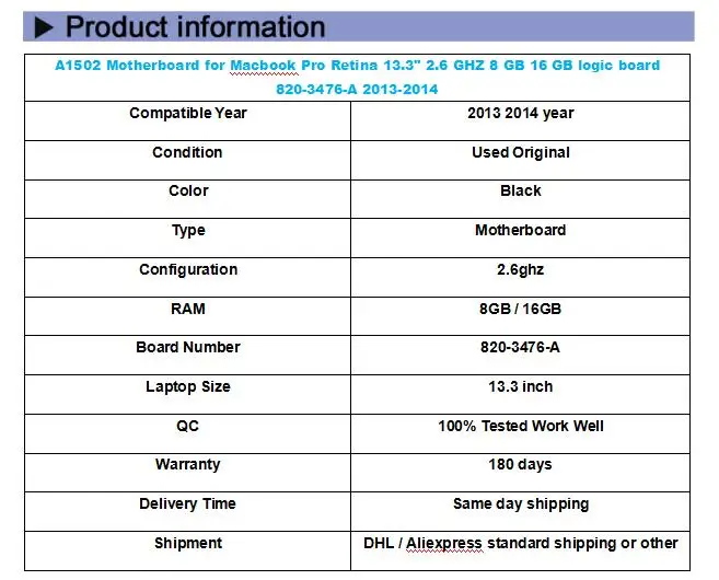 A1502 материнская плата для Macbook Pro retina 13," 2,6 ГГц 8 Гб 16 Гб материнская плата 820-3476-A 2013
