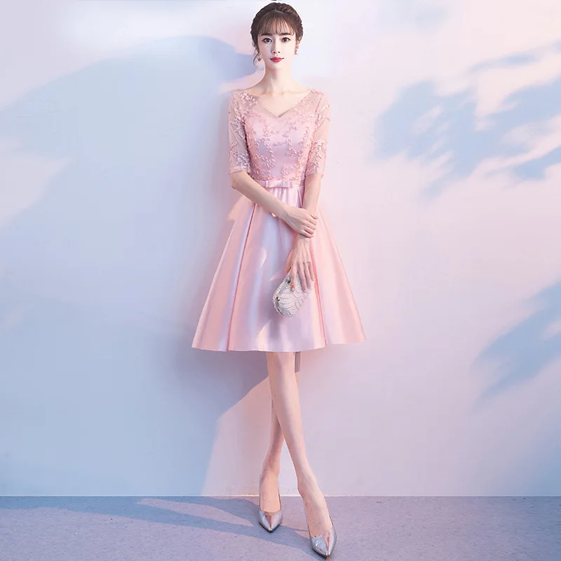 Pink Elegant Evening Dresses Qi Pao Women Traditional Chinese Dress Cheongsam Modern Femme Lace Short Qipao Bridesmaid Gown - Цвет: Pink Vneck short