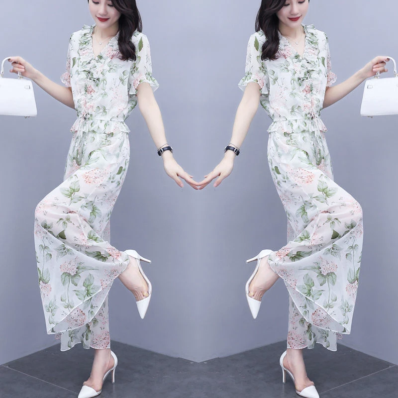 Floral Chiffon Wide-Leg Trouser Suit Women New Summer Style Lantern Sleeve Slim Two-Piece Set Elastic Waist Ruched V-Neck Blouse co ord sets women