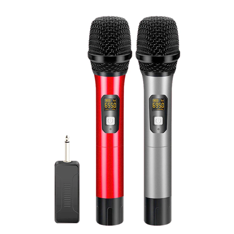 

UHF Dual Handheld Wireless Microphone Dynamic System Set with Rechargeable Receiver, 1/4 Inch Plug, for Karaoke Party/PA Systems
