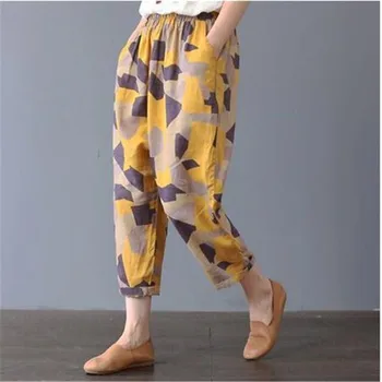 

Vintage Literary Harem Pants New Ladies' Casual Summer Pants Fashion Elastic Print Nine Trousers Women Large Size Loose Trousers
