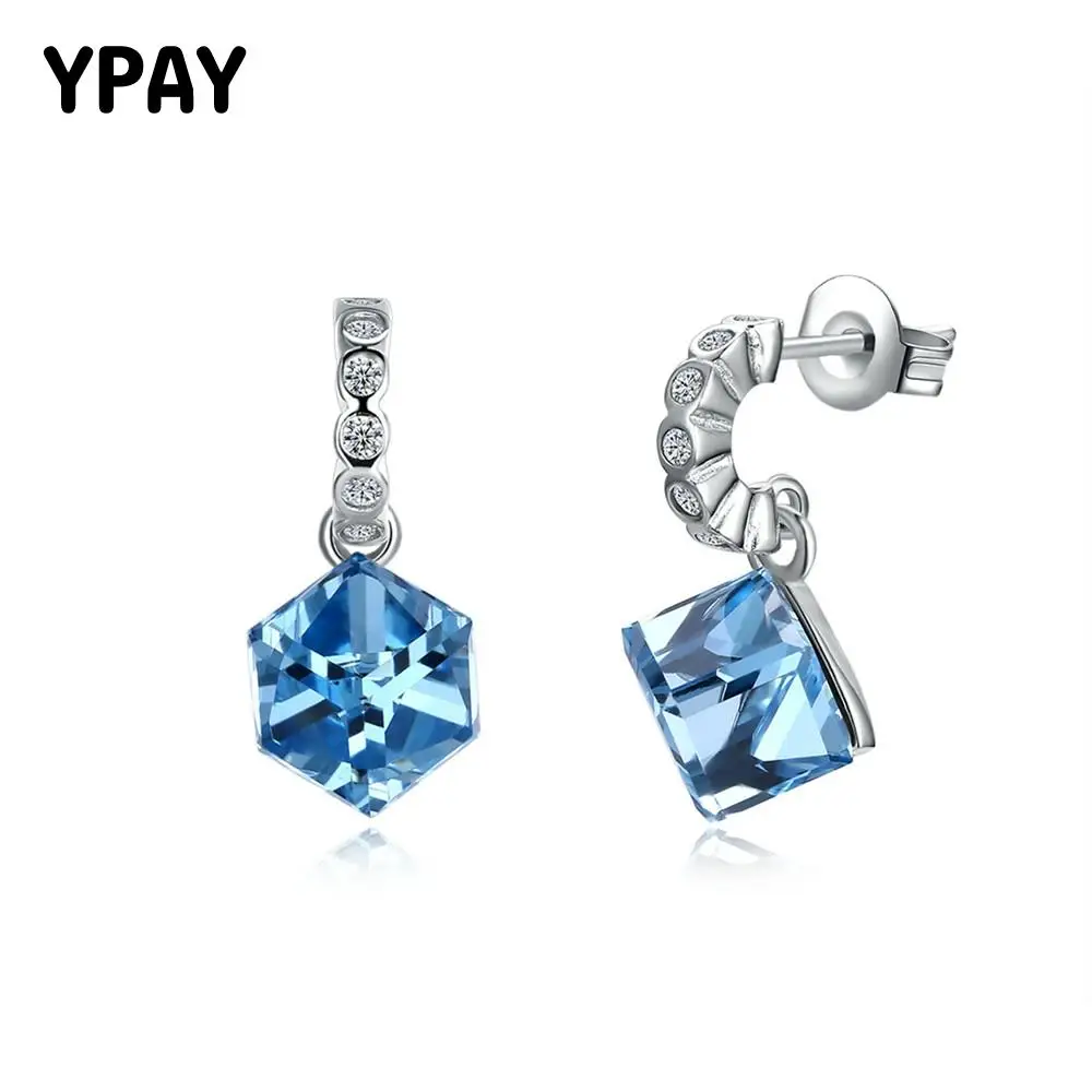

YPAY Dangle Earrings For Women Real 925 Sterling Silver Square Vintage Clear Blue Crystal Brincos Fine Jewelry Gift YME027