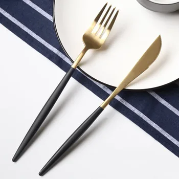 

Black Gold Fork Spoon Knife Set Restaurant Kitchen Supplies Sandwich Forks Stainless Steel Cutlery Set Kitchen QZK006