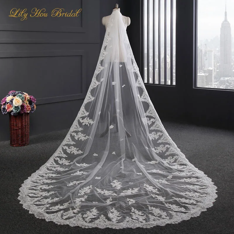 

White Ivory Long Bridal Veils Lace Appliques Tulle Wedding Accessories for Brides