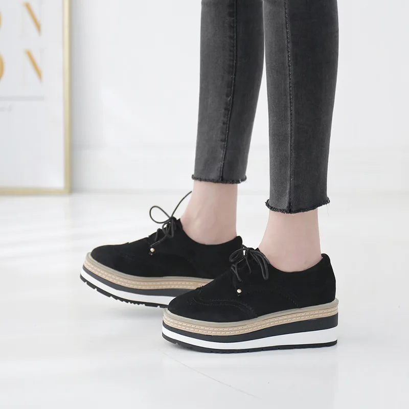 

WOMEN'S Shoes 2019 New Style Autumn New Products Suede Stripes Thick Bottomed Platform round-Toe Lace-up Slanted Heel Shoes Extr