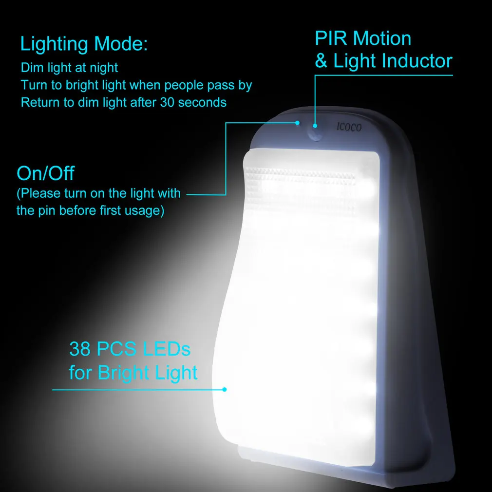 ICOCO 3 Вт 38 Светодиодный светильник на солнечной батарее датчик человеческого тела
