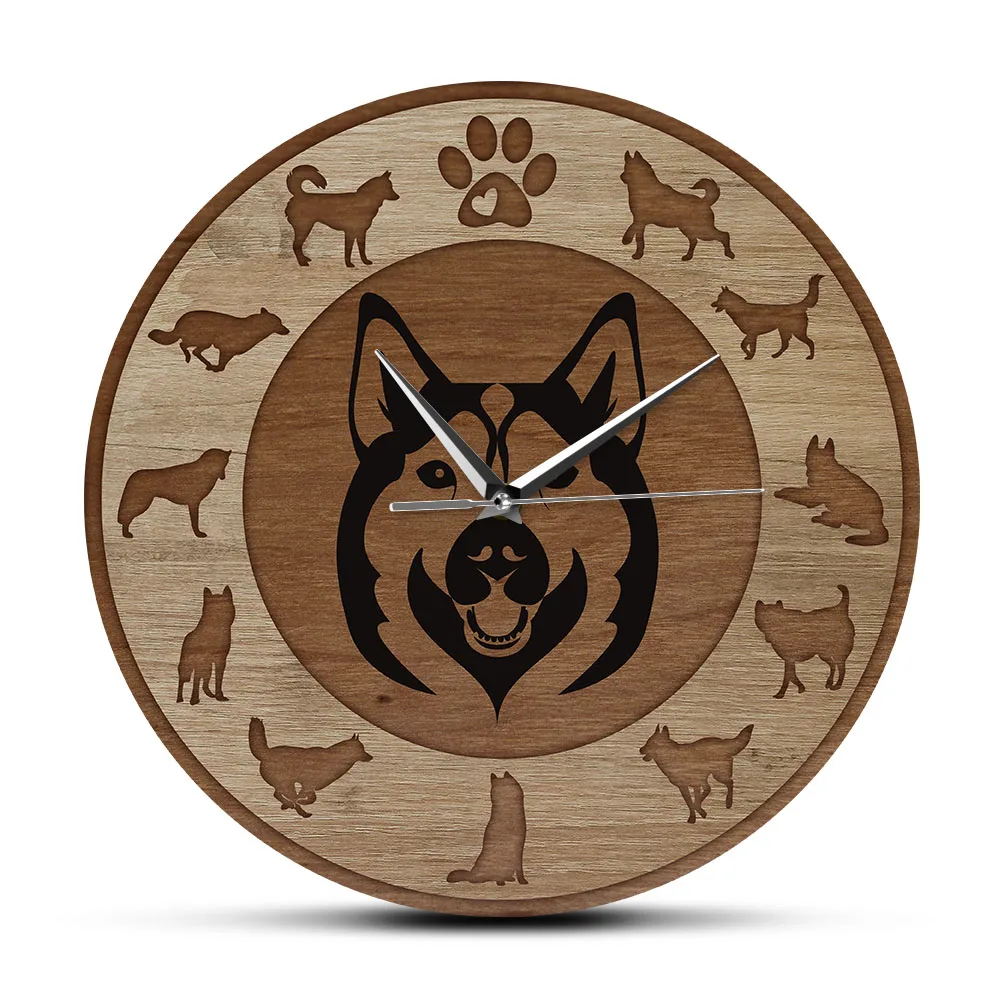 Siberian Husky Cane Di Legno Texture Acrilico Stampato Orologio Da Parete Cucciolo Di Cane Husky Ritratto Orologio Da Parete In Silenzio Orologio Appe