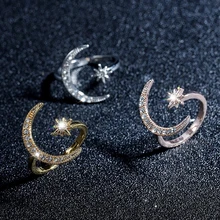 

Fashion Finger Ring Silver Color Gold Star Moon Rings For Women Wedding Party Jewelry Shine Crystal Metal Flower Opening anillo