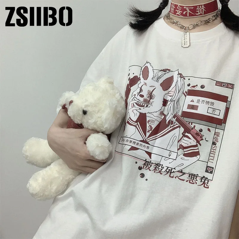 women Summer tee tops Goth Kawaii рубашка женская shirt clothes clothing top E-Girl Harajuku style cartoon cute print T-shirt