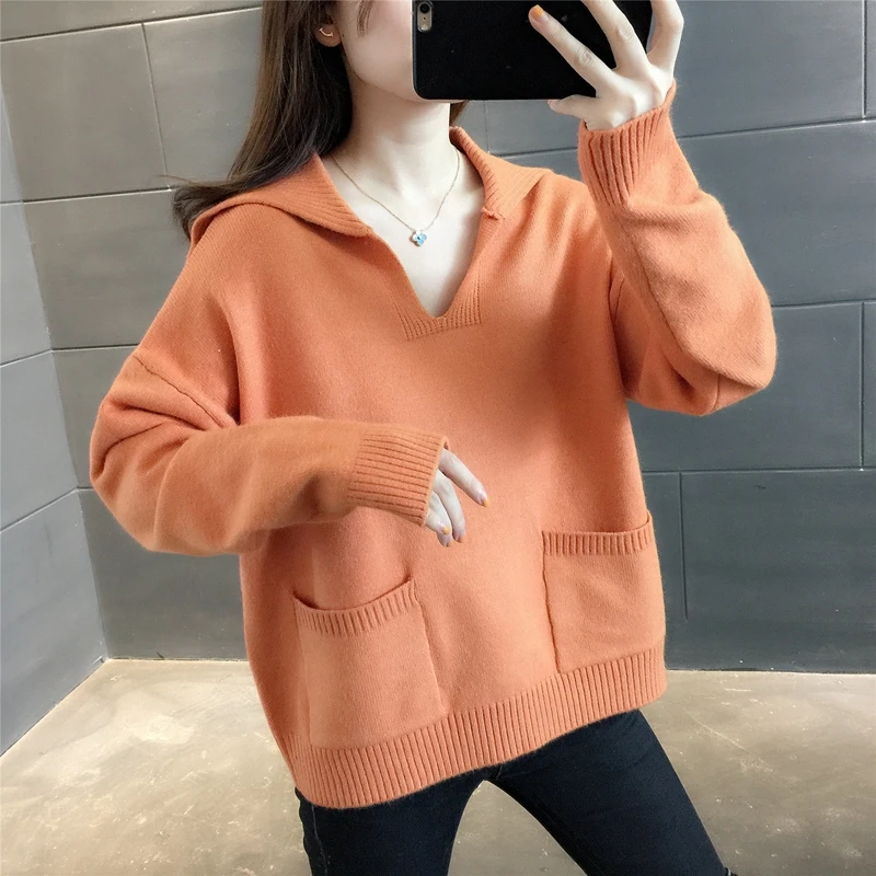 

217263 room, row 8, No. 1 (top)] real shot Navy collar pocket solid color Pullover Sweater [1690] 47