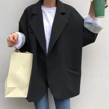 

Women Notched Single Button Casual Jacket Blazer Solid Loose Ladies Long Sleeve Blazer Jacket Korean Coat